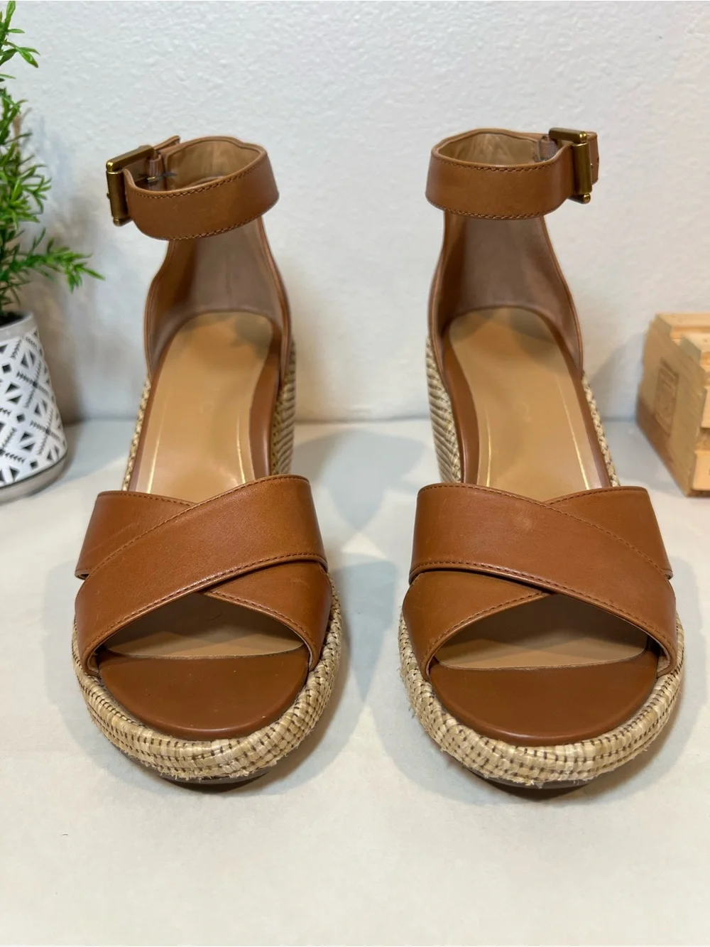 Vionic Tan Leather Espadrille Wedge Sandals with Ankle Strap